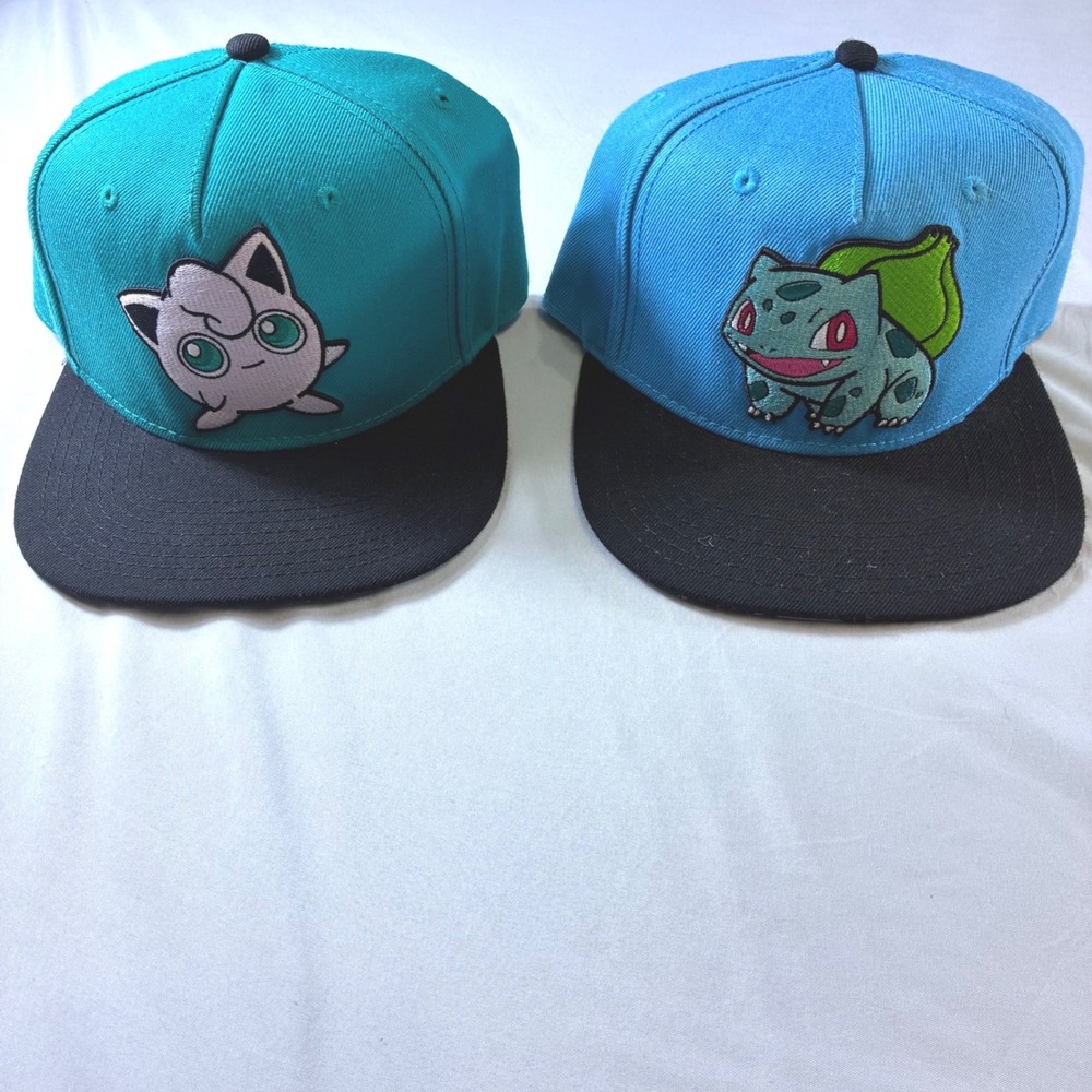 Pokemon Snapback Hat Lot Bulbasaur Jigglypuff Blue Teal Black Adjustable Cap 2pc
